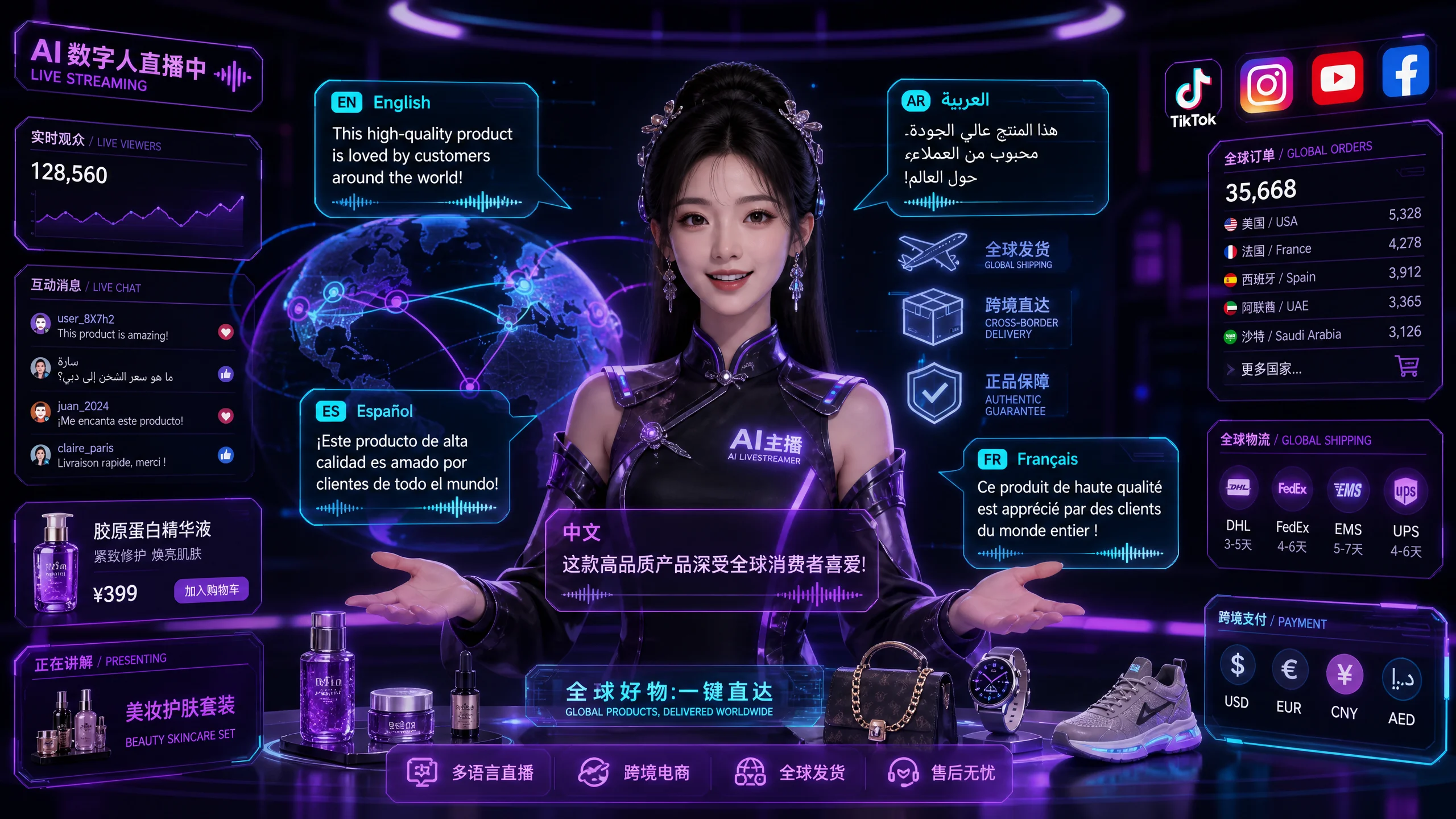 AI数字人多语种跨境电商直播展示英﻿语阿拉伯语西班牙语同步带货